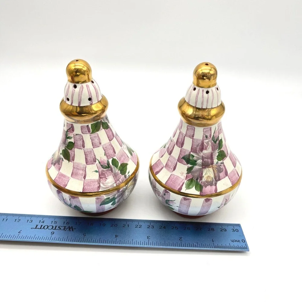 Retired MacKenzie-Childs Rose Petal Salt Pepper‎ Shakers with Tray Pink Floral